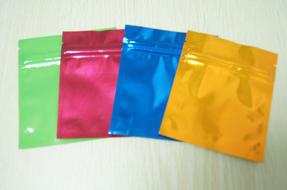 Túi nhôm nhỏ đầy màu sắc bóng loáng Ba mặt Mylar phẳng với Ziplock